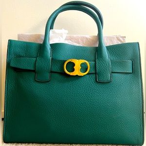 Tory Burch Gemini Link Leather Tote in Malachite
